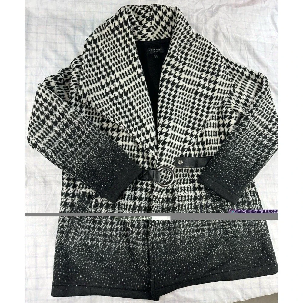 Ellen Reyes Petite Houndstooth Fleece Jacket Coat Black White Ombre Belted PM